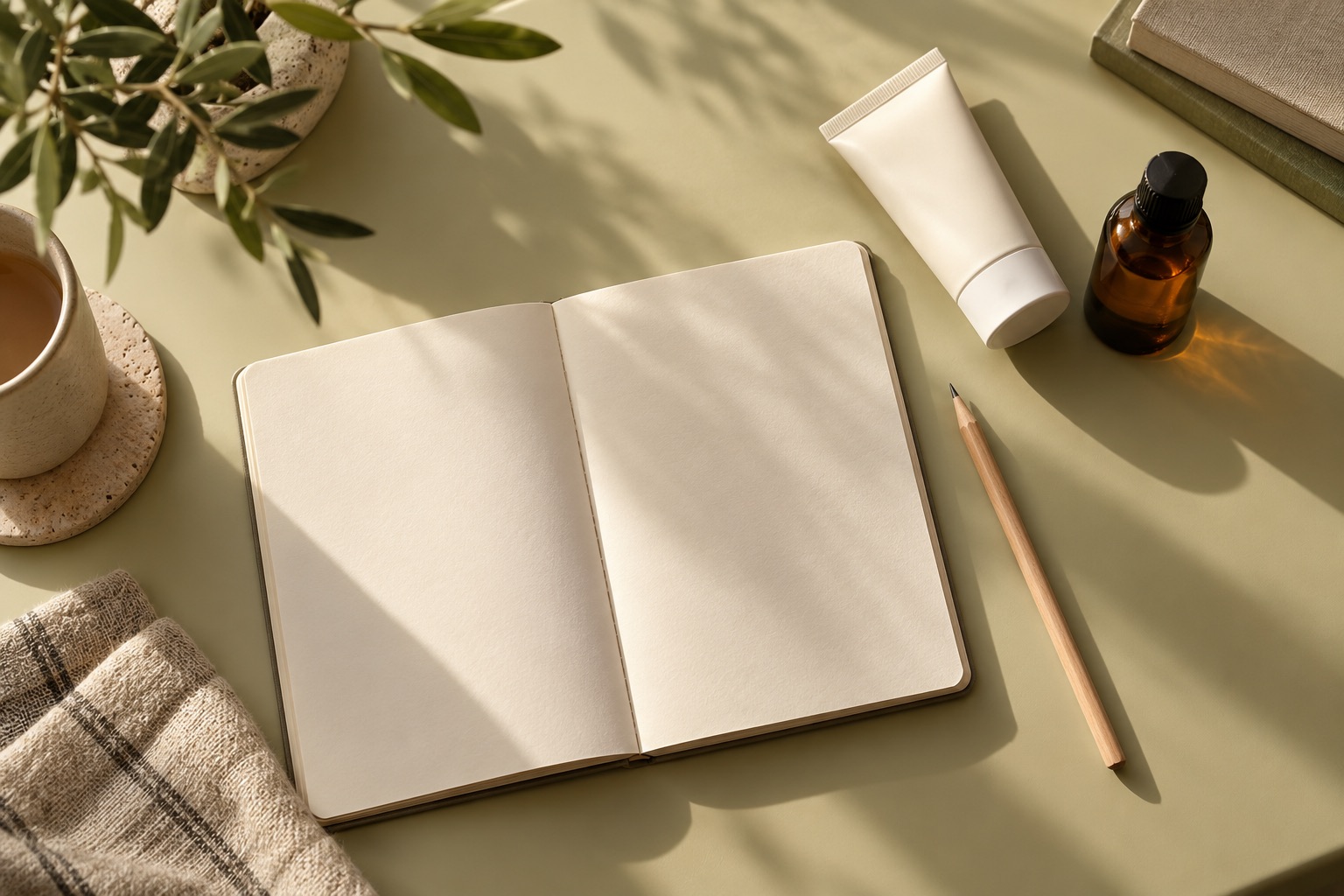 Blank notebook, pencil and unbranded skincare containers on a warm olive desk
